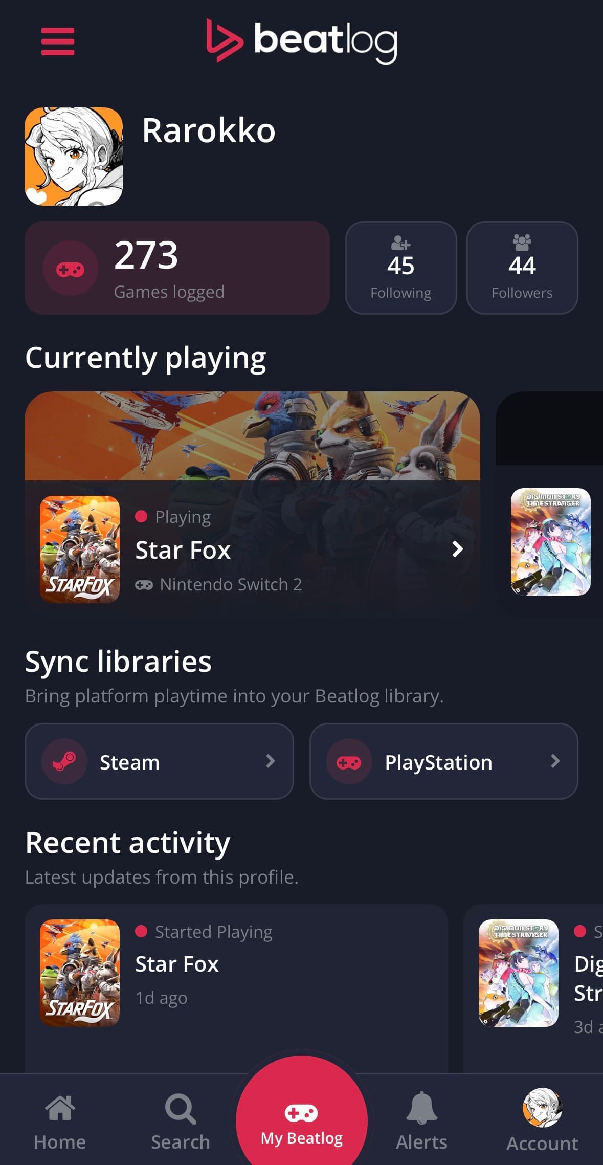 Beatlog profile and library screen